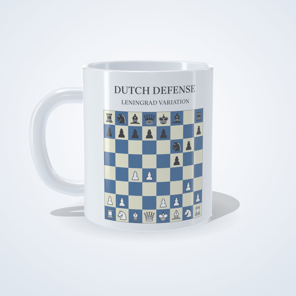 Dutch Defense: Leningrad Variation chess mug: studio photo of the 11 oz white ceramic mug with the opening printed on it