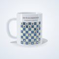 Dutch Defense: Leningrad Variation chess mug: studio photo of the 11 oz white ceramic mug with the opening printed on it