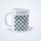 Dutch Defense: Leningrad Variation chess mug: studio photo of the 11 oz white ceramic mug with the opening printed on it