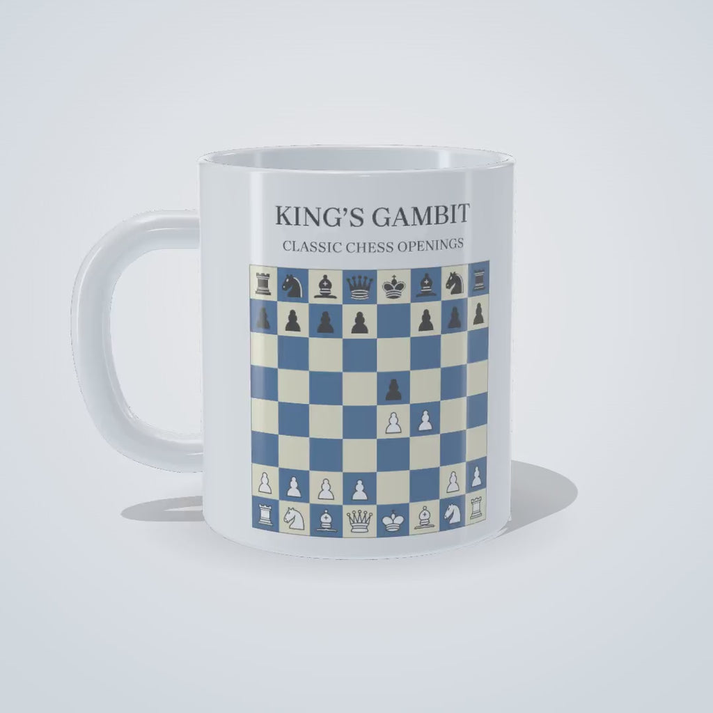 Video: 360-degree view of the King's Gambit chess mug, printed on both sides