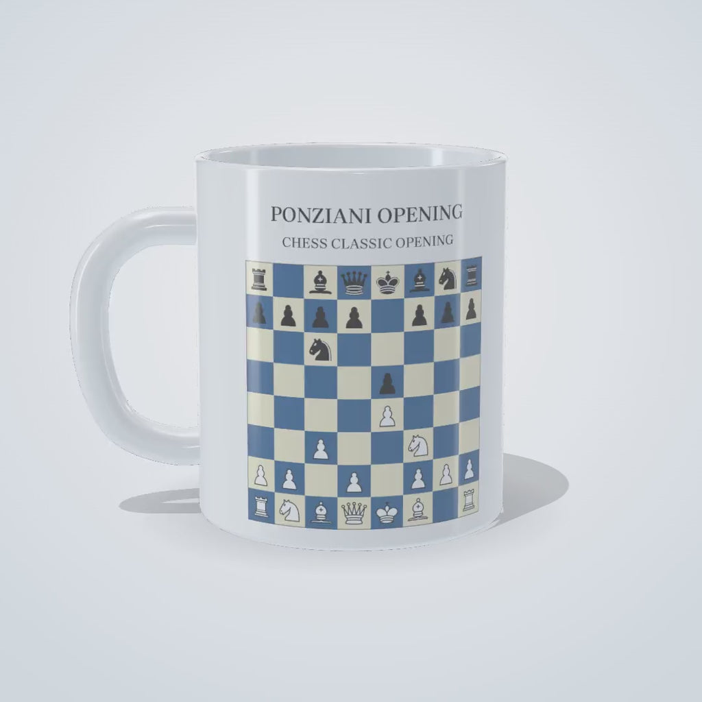 Video: 360-degree view of the Ponziani Opening chess mug, printed on both sides