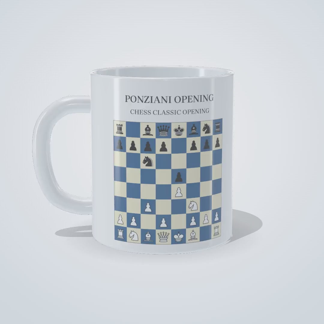 Video: 360-degree view of the Ponziani Opening chess mug, printed on both sides