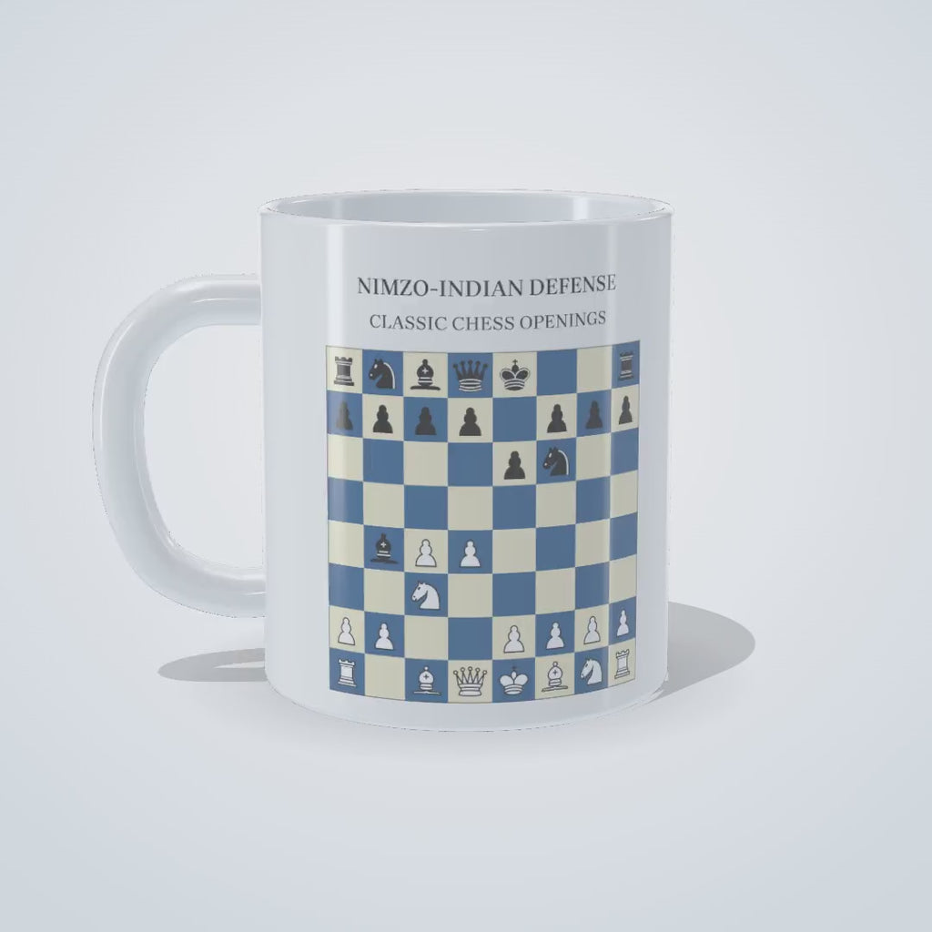 Video: 360-degree view of the Nimzo-Indian Defense chess mug, printed on both sides