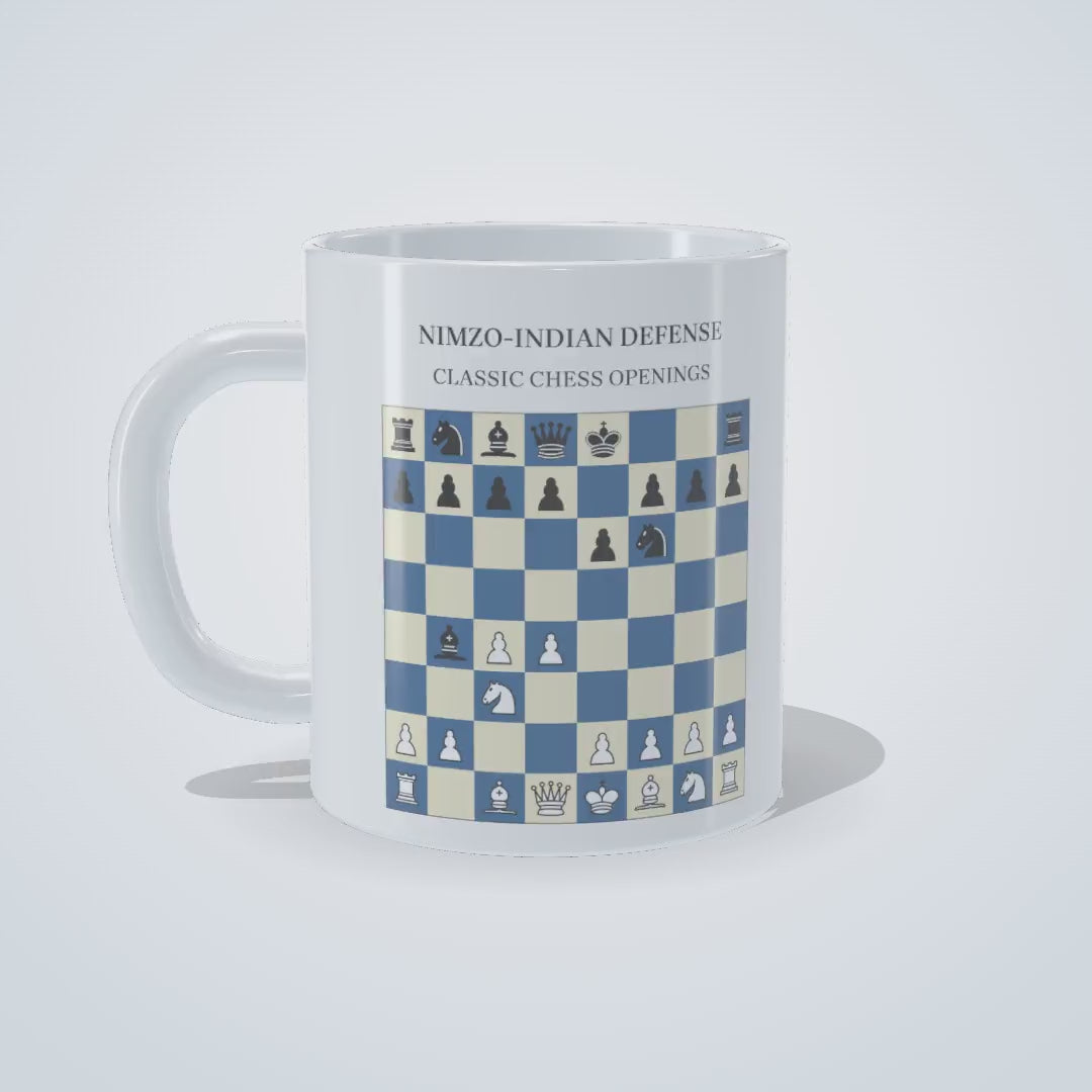 Video: 360-degree view of the Nimzo-Indian Defense chess mug, printed on both sides